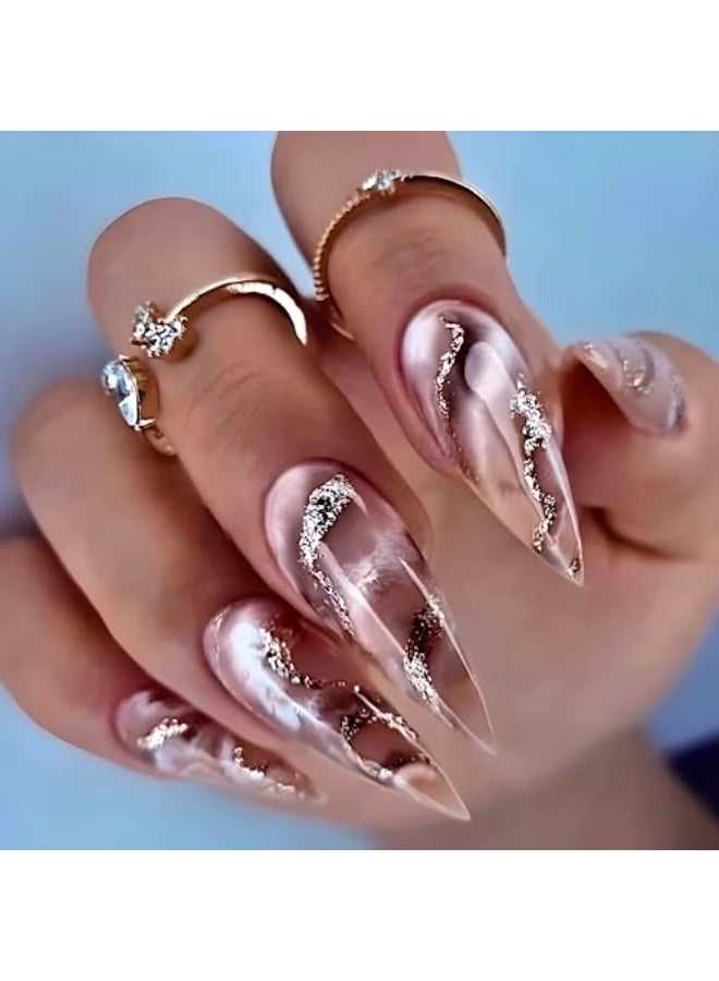 SPLOCUDU Almond Medium Gradient White Fake Nails Silver Glitter Glue Artificial Glossy Acrylic Full Cover False Nails for Women and Girls - Image 1