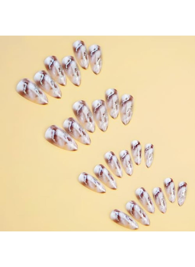 SPLOCUDU Almond Medium Gradient White Fake Nails Silver Glitter Glue Artificial Glossy Acrylic Full Cover False Nails for Women and Girls - Image 3