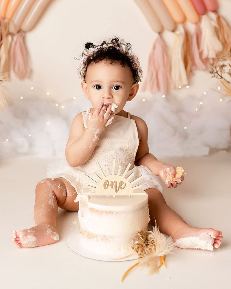 Huray Rayho Sun Cake Topper 1st Birthday Decorations Wooden 7x6.3in Natural One Cake Smash Photo Booth Prop - Image 5