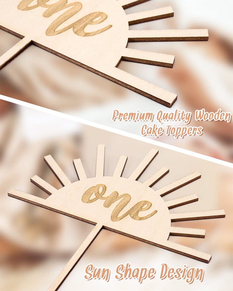Huray Rayho Sun Cake Topper 1st Birthday Decorations Wooden 7x6.3in Natural One Cake Smash Photo Booth Prop - Image 4