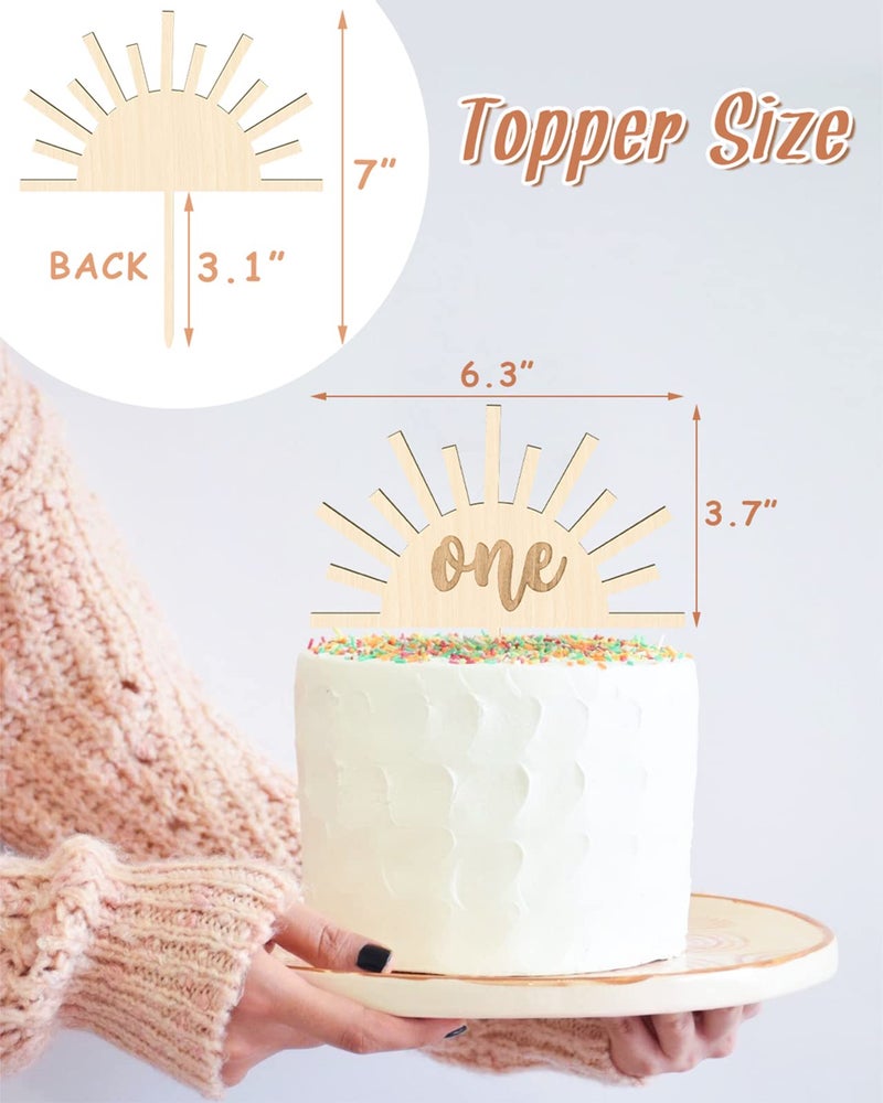 Huray Rayho Sun Cake Topper 1st Birthday Decorations Wooden 7x6.3in Natural One Cake Smash Photo Booth Prop - Image 3