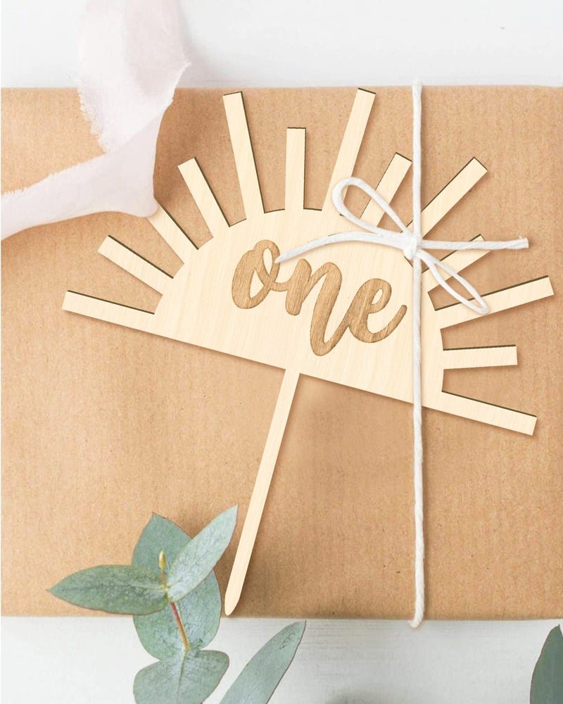 Huray Rayho Sun Cake Topper 1st Birthday Decorations Wooden 7x6.3in Natural One Cake Smash Photo Booth Prop - Image 2