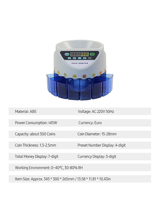 Generic - Electronic Coin Counter Sorter Euro 300 Coins Mini Digital Auto Counting Machine Preset/ Total Money Display/ Fault Self Check, for Shop Bank Restaurant (AC 220V) - Image 1