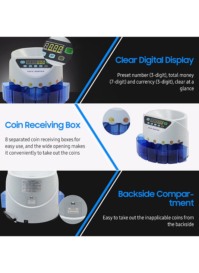Generic - Electronic Coin Counter Sorter Euro 300 Coins Mini Digital Auto Counting Machine Preset/ Total Money Display/ Fault Self Check, for Shop Bank Restaurant (AC 220V) - Image 1
