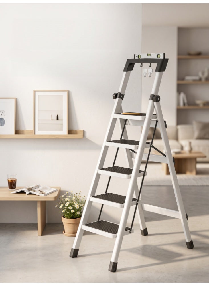 Zanotta Foldable Ladder 5 Steps, Home Folding Step with Tool Holder, Wide Anti-Slip Pedal, Adults Sturdy Steel Ladder for Home Kitchen Garden Office - Image 2