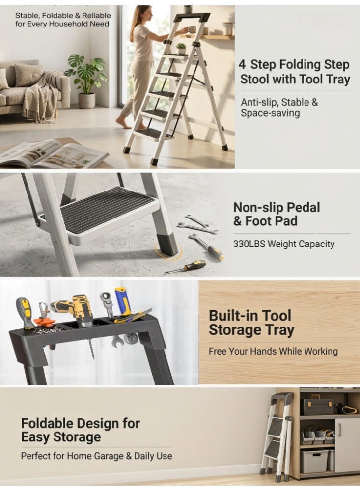 Zanotta Foldable Ladder 5 Steps, Home Folding Step with Tool Holder, Wide Anti-Slip Pedal, Adults Sturdy Steel Ladder for Home Kitchen Garden Office - Image 5