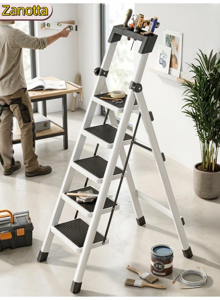 Zanotta Foldable Ladder 5 Steps, Home Folding Step with Tool Holder, Wide Anti-Slip Pedal, Adults Sturdy Steel Ladder for Home Kitchen Garden Office - Image 1