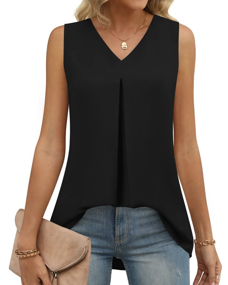 Anyally Women's Summer Sleeveless Chiffon Tunic Tank Tops Dressy Casual Blouse Loose V Neck Work Shirts, L Black - Image 2