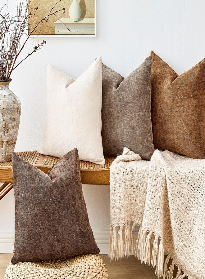 GriNeed Pack of 4 Throw Pillow Covers 18x18 Inch Chenille Textured Neutral Brown Soft Pillow Covers Solid Decorative Farmhouse Cushion Covers Home Boho Western Decor for Couch Sofa Bed Living Room - Image 3