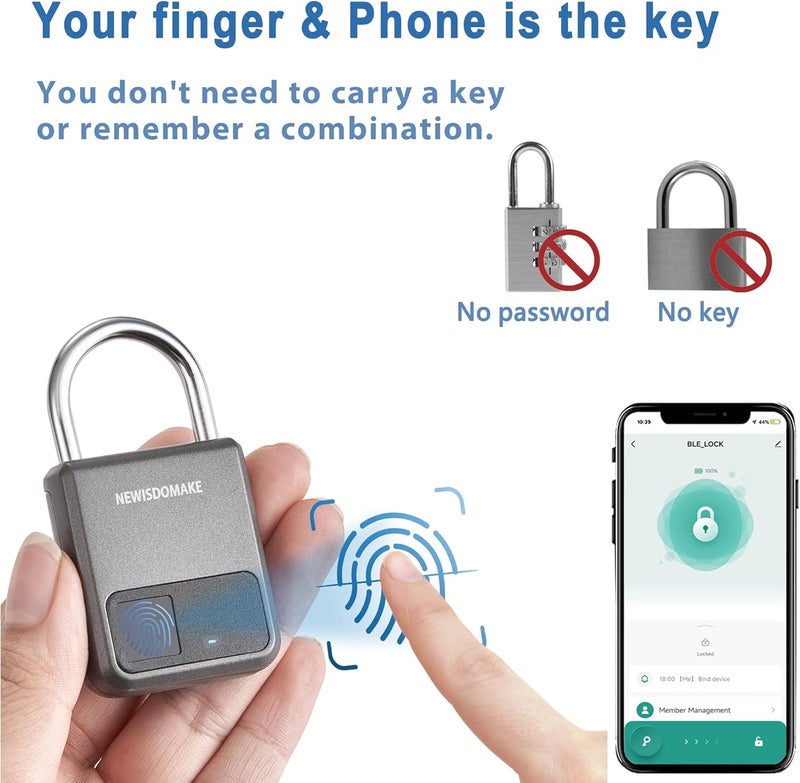 Newisdomake Fingerprint Padlock, Smart Padlock with Fingerprint or Remote Authorized Unlock, Biometric Lock Suitable for Luggage, Bookcase, Suitcase, Backpack, Bike, School Locker, Gym Locker Lock(Gray) - Image 2