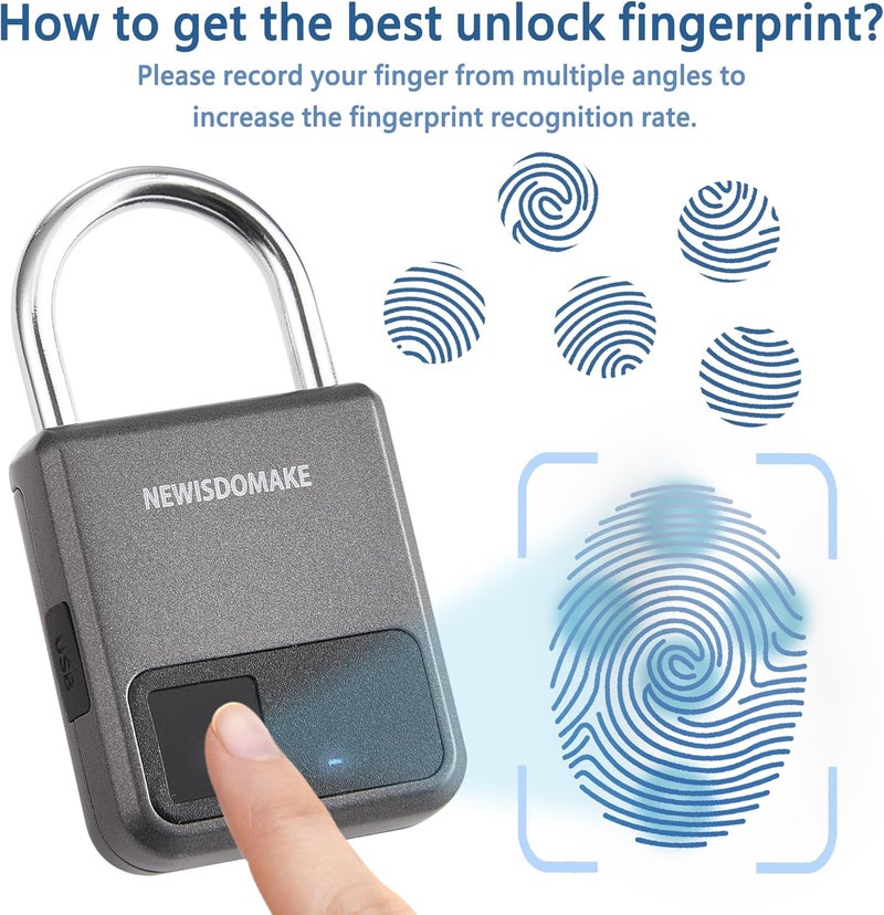 Newisdomake Fingerprint Padlock, Smart Padlock with Fingerprint or Remote Authorized Unlock, Biometric Lock Suitable for Luggage, Bookcase, Suitcase, Backpack, Bike, School Locker, Gym Locker Lock(Gray) - Image 4