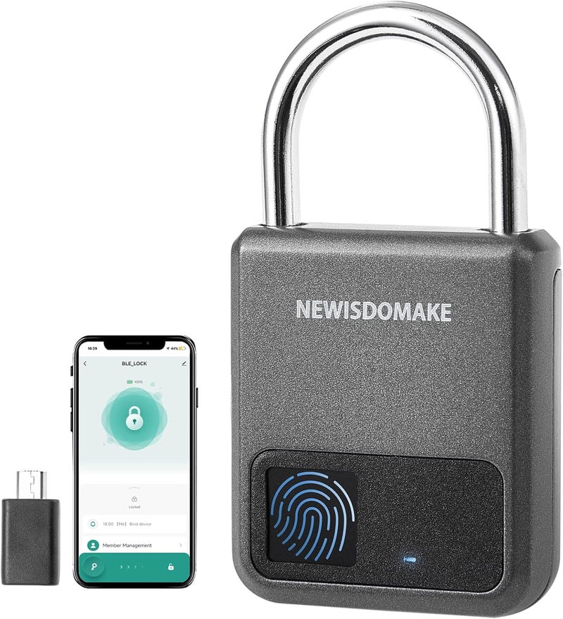 Newisdomake Fingerprint Padlock, Smart Padlock with Fingerprint or Remote Authorized Unlock, Biometric Lock Suitable for Luggage, Bookcase, Suitcase, Backpack, Bike, School Locker, Gym Locker Lock(Gray) - Image 1