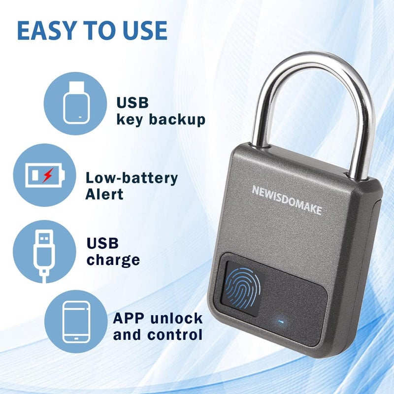 Newisdomake Fingerprint Padlock, Smart Padlock with Fingerprint or Remote Authorized Unlock, Biometric Lock Suitable for Luggage, Bookcase, Suitcase, Backpack, Bike, School Locker, Gym Locker Lock(Gray) - Image 3