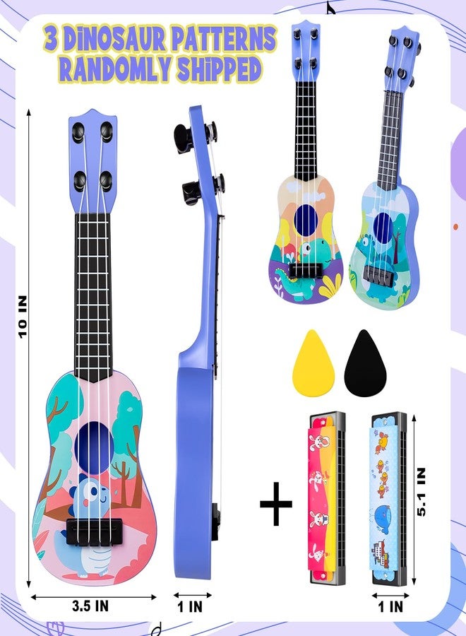 KFPPLXQ Mini Guitar 10 Inch Musical Toy Guitar Classical Toddler Ukulele with 2 Extra Mini Harmonica 16 Holes and 2 Kids Party Favor (Dinosaur) - Image 2