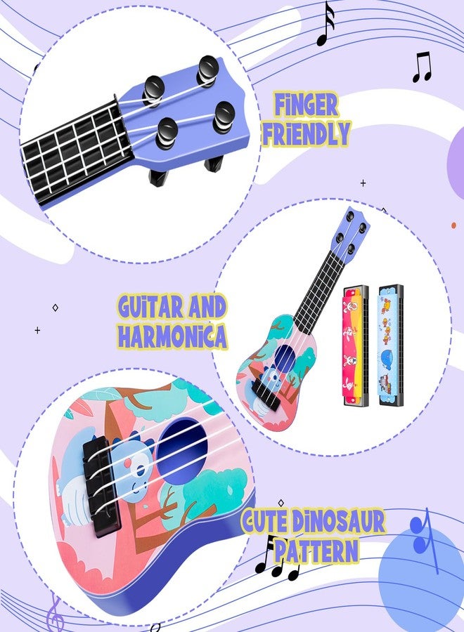 KFPPLXQ Mini Guitar 10 Inch Musical Toy Guitar Classical Toddler Ukulele with 2 Extra Mini Harmonica 16 Holes and 2 Kids Party Favor (Dinosaur) - Image 3