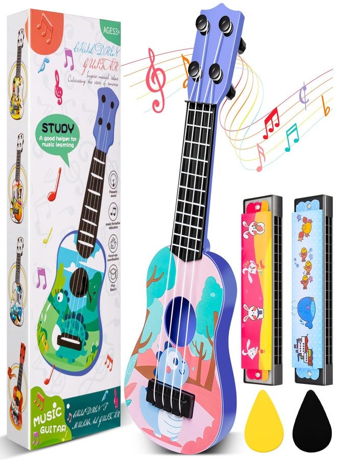 KFPPLXQ Mini Guitar 10 Inch Musical Toy Guitar Classical Toddler Ukulele with 2 Extra Mini Harmonica 16 Holes and 2 Kids Party Favor (Dinosaur) - Image 1