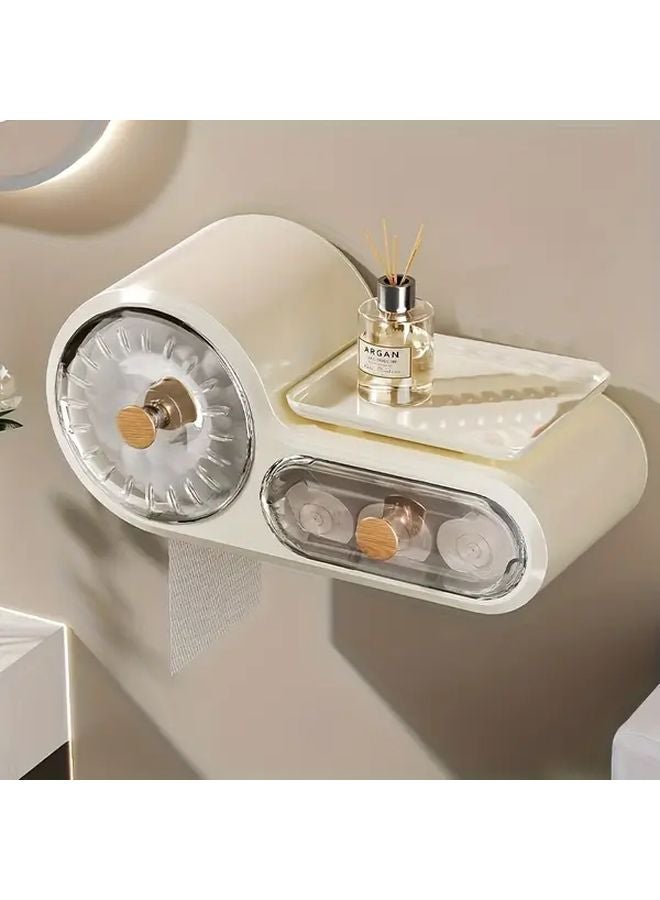 Cream No Drill Adhesive Wall Mounted Toilet Paper Holder 2 Tier Large Capacity - Image 1