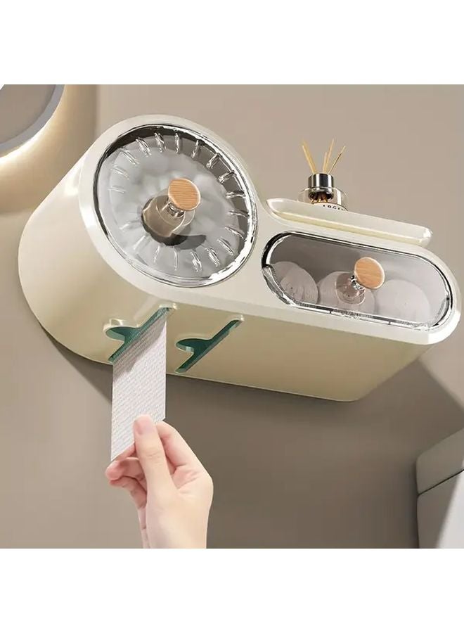 Cream No Drill Adhesive Wall Mounted Toilet Paper Holder 2 Tier Large Capacity - Image 2