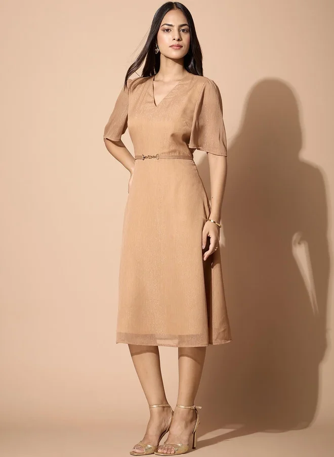 سولت اتاير SALT ATTIRE Trim Detail Midi Dress with Flared Sleeves