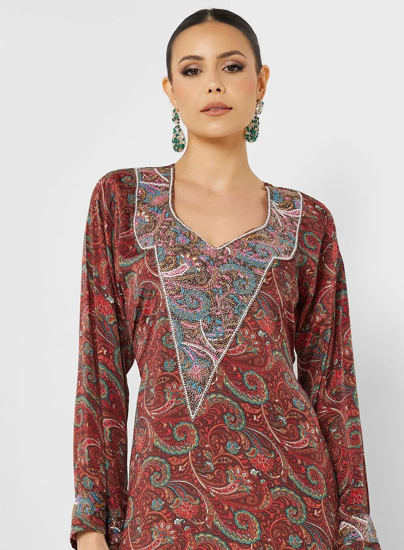 ARABIAN CLOSET Printed Crew Neck Jalabiya