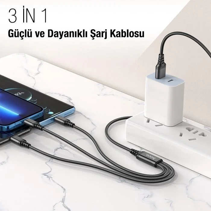 Polhammobile Polham 3in1 1 Meter USB To Type-C, iPhone Lightning, Micro USB Charging and Data Cable, 2A Rope Cable