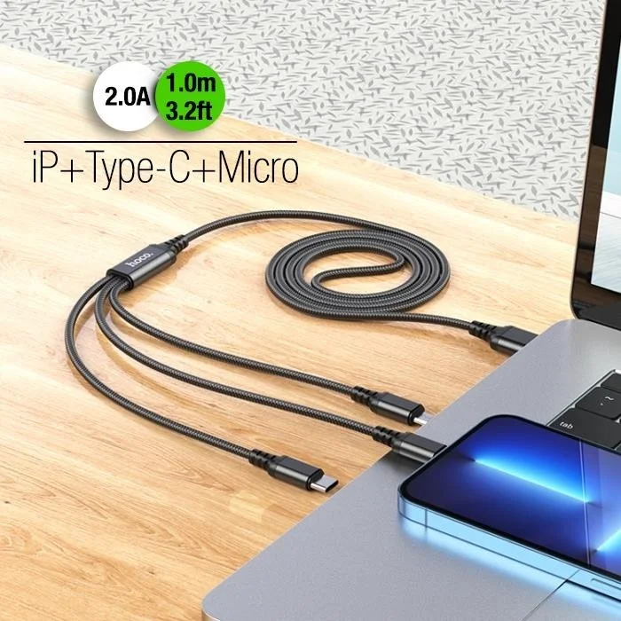 Polhammobile Polham 3in1 1 Meter USB To Type-C, iPhone Lightning, Micro USB Charging and Data Cable, 2A Rope Cable
