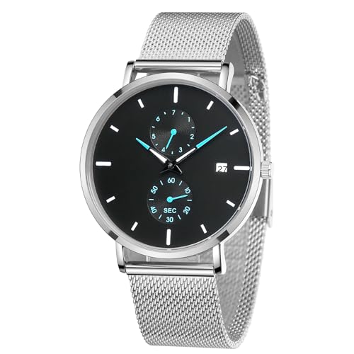 TWOPTION Mens Watches Sleek Minimalist Analog Quartz Waterproof Watches for Men Stainless Steel Mesh Band Mens Wrist Watch with Auto Date - Image 1