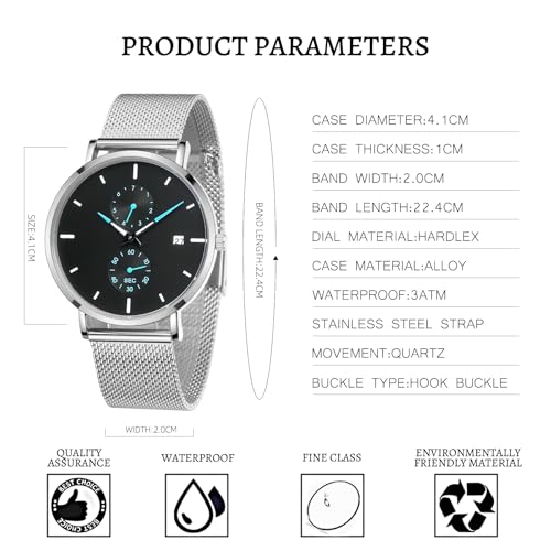 TWOPTION Mens Watches Sleek Minimalist Analog Quartz Waterproof Watches for Men Stainless Steel Mesh Band Mens Wrist Watch with Auto Date - Image 3