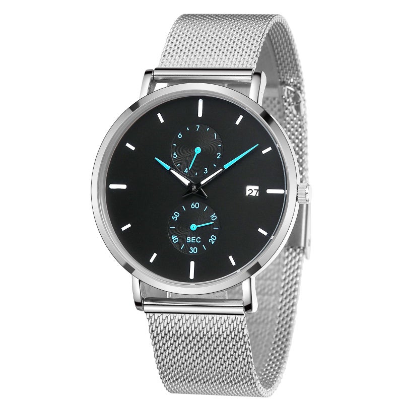 TWOPTION Mens Watches Sleek Minimalist Analog Quartz Waterproof Watches for Men Stainless Steel Mesh Band Mens Wrist Watch with Auto Date - Image 2