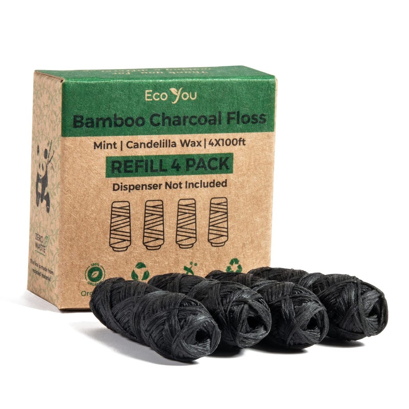 EcoYou Bamboo Charcoal Dental Floss Mint Candelilla Wax Vegan Biodegradable 4 Refills Pack Pfas Free
