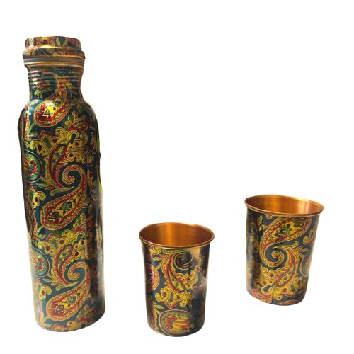 Monstera Hut Monstera Hut Teal Printed Bottle glassTumbler_Set 950 ML Bottle with 300ml Each Tumbler Glass  - Image 1