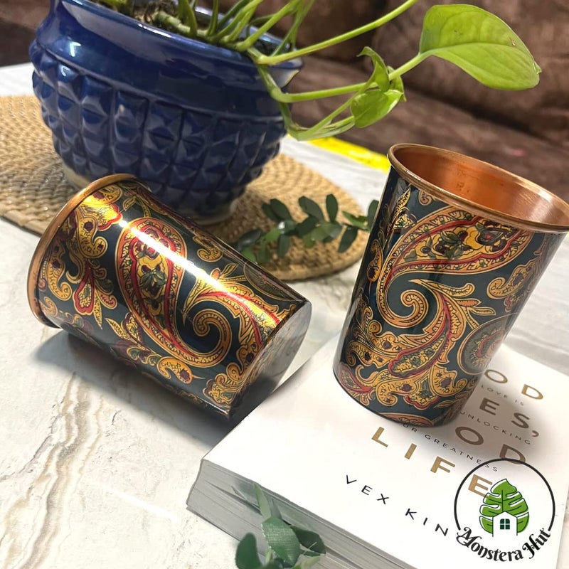 Monstera Hut Monstera Hut Teal Printed Bottle glassTumbler_Set 950 ML Bottle with 300ml Each Tumbler Glass  - Image 2