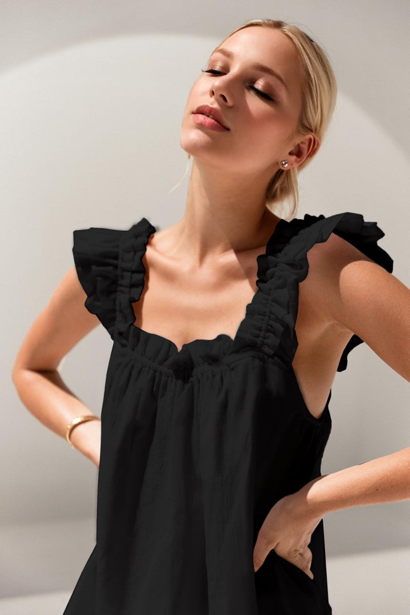 KFUBUO Womens Pajamas Set 2 Piece Ruffle Pj Soft Tank Top and Shorts Sleepwear Set Bridal Pajama for Women Set Black - Image 2