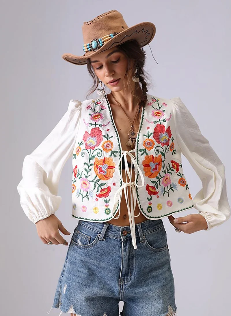 YUNIQEE Off White V-Neck Long Sleeves Vest Top