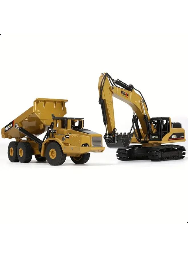 Yellow Huina 1 50 Scale Metal Excavator And Dumper Combo Tilting Bed Display Model - Image 2