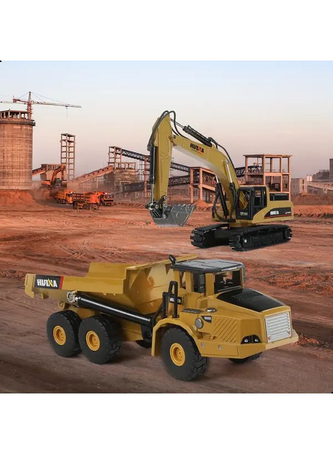 Yellow Huina 1 50 Scale Metal Excavator And Dumper Combo Tilting Bed Display Model - Image 5