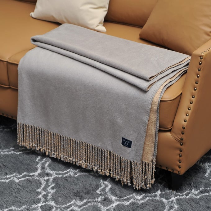 REVERSIBLE FRINGED MULBERRY SILK THROW BLANKET FOR SOFA LIGHT GREYBEIGE