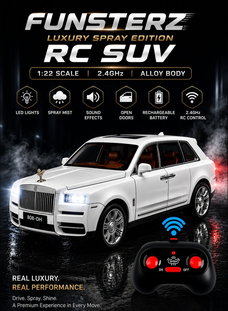 FUNSTERZ 1:22 Scale Luxury Spray Edition RC SUV Die-Cast Alloy Model Car with Realistic Exhaust Mist Fog Effect, LED Headlights, Engine Sound, Openable Doors Hood & Rear Trunk, 2.4GHz Rechargeable Remote Control Vehicle, Premium Collectible Toy Car for Kids Boys Girls & Collectors White - Image 1