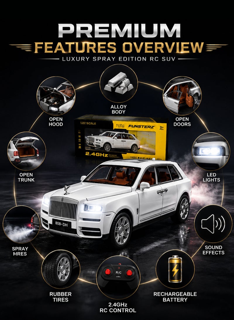 FUNSTERZ 1:22 Scale Luxury Spray Edition RC SUV Die-Cast Alloy Model Car with Realistic Exhaust Mist Fog Effect, LED Headlights, Engine Sound, Openable Doors Hood & Rear Trunk, 2.4GHz Rechargeable Remote Control Vehicle, Premium Collectible Toy Car for Kids Boys Girls & Collectors White - Image 2
