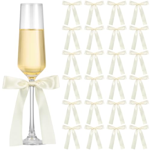 Jingmore Ivory White 24 Pack Bows for Champagne Glasses Candle Holder 67 x 4 Inch Bow Drink Tags Wine Glass Candlestick Ribbon Self Adhesive Name Marker for Wedding Anniversary Party Gift Decor - Image 1
