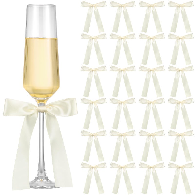 Jingmore Ivory White 24 Pack Bows for Champagne Glasses Candle Holder 67 x 4 Inch Bow Drink Tags Wine Glass Candlestick Ribbon Self Adhesive Name Marker for Wedding Anniversary Party Gift Decor - Image 2