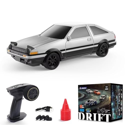 FEXXA 1/43 Scale RC Drift Race Car Gyro 4WD Ready to Go Mini Remote Control Car High Speed Model (1:43 Toyo ta AE86 Trueno-Black/White) - Image 1