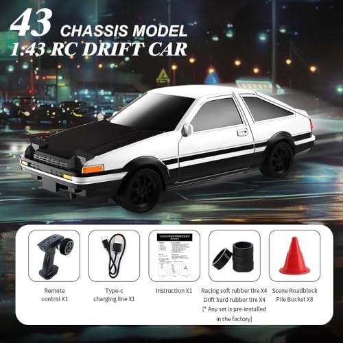 FEXXA 1/43 Scale RC Drift Race Car Gyro 4WD Ready to Go Mini Remote Control Car High Speed Model (1:43 Toyo ta AE86 Trueno-Black/White) - Image 4