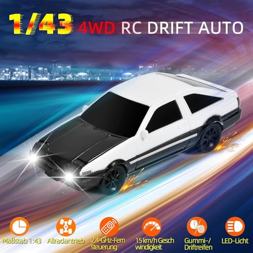 FEXXA 1/43 Scale RC Drift Race Car Gyro 4WD Ready to Go Mini Remote Control Car High Speed Model (1:43 Toyo ta AE86 Trueno-Black/White) - Image 2