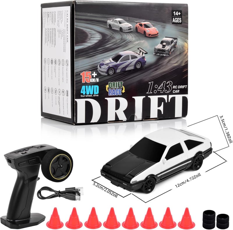 FEXXA 1/43 Scale RC Drift Race Car Gyro 4WD Ready to Go Mini Remote Control Car High Speed Model (1:43 Toyo ta AE86 Trueno-Black/White) - Image 5