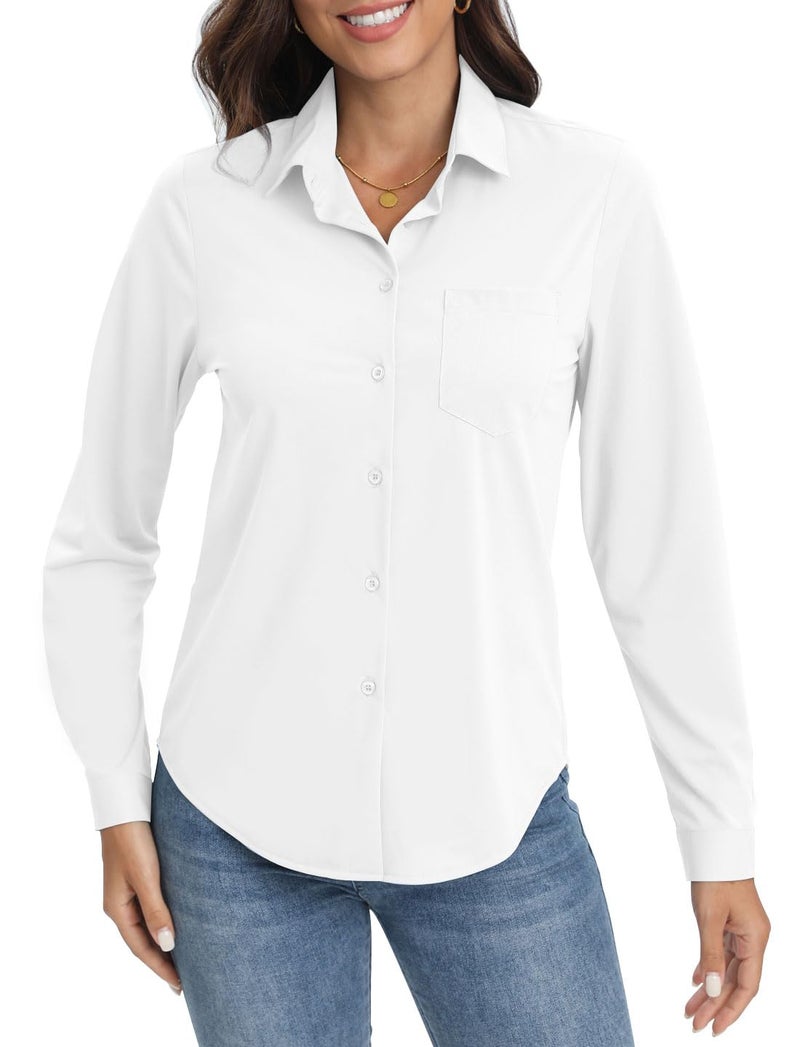 COUXILY White Button Down Shirts for Women White Collared Shirt Long Sleeve Shirts for Women (White, M) - Image 3