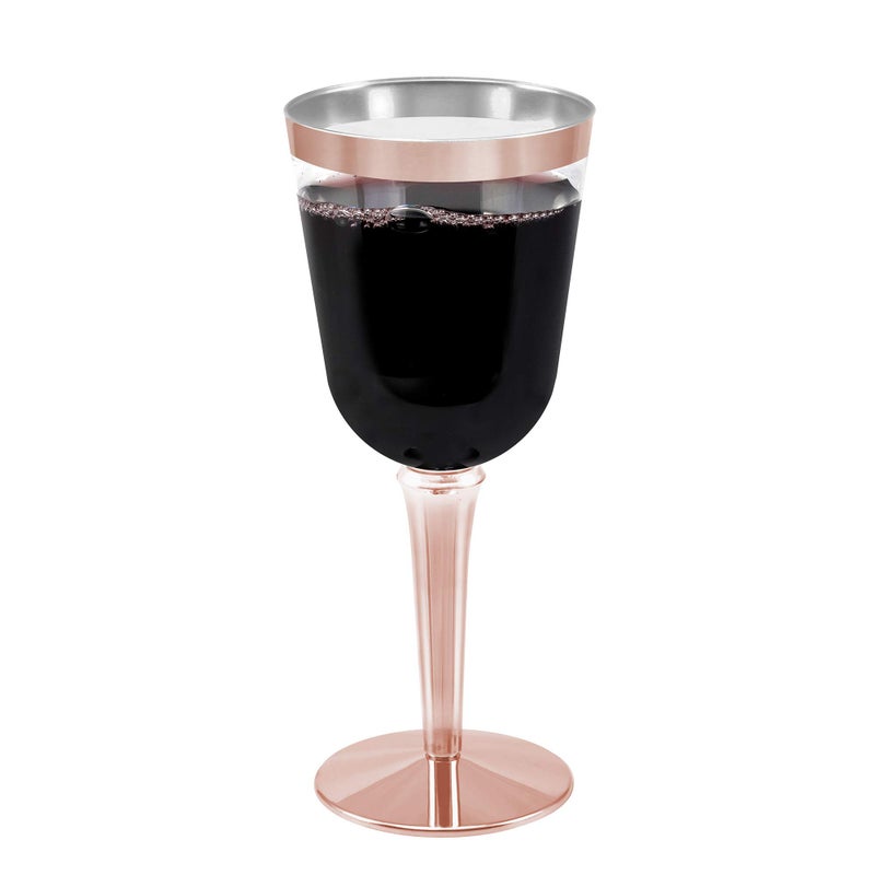 BloominGoods 50 Rose Gold Rimmed Disposable Plastic Wine Glasses | Large 10 oz. Premium Clear Hard Plastic Fancy Wine Cups for Weddings & Events (50-Pack) - Image 1