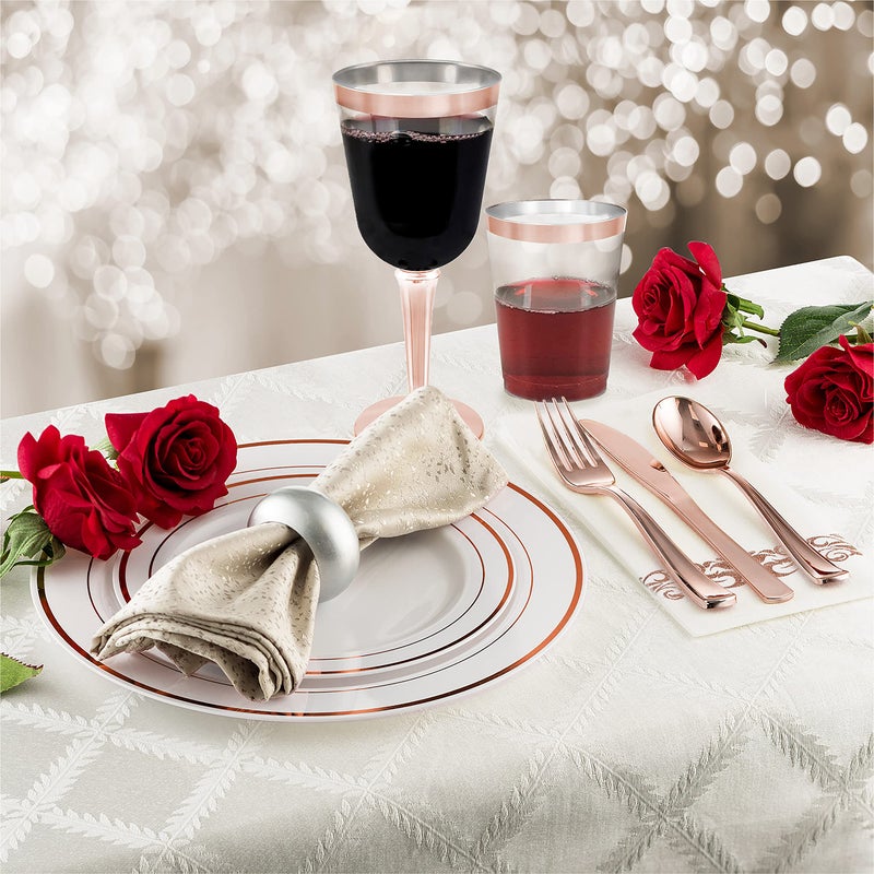 BloominGoods 50 Rose Gold Rimmed Disposable Plastic Wine Glasses | Large 10 oz. Premium Clear Hard Plastic Fancy Wine Cups for Weddings & Events (50-Pack) - Image 3