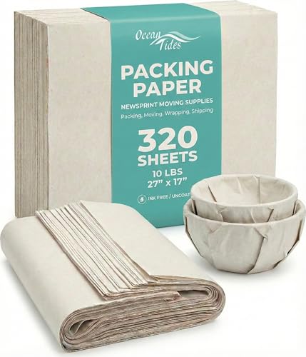 Ocean Tides 320 Sheets Packing Paper for Moving - Newspaper Paper for Wrapping, Packaging, Shipping, & Protecting Fragile Items like Glasses & Dishes - Must-Have Newsprint Moving Supplies & Box Filler (27" x 17") - Image 1