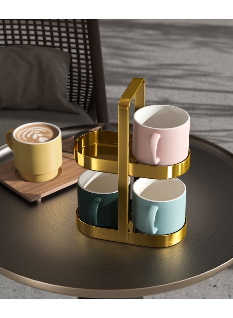 Smart Storage ✨ Premium 2-Tier Mug & Stand Set – Macaron Color Edition, Ceramic Cups with Gold Carbon Steel Rack, Space-Saving Coffee Mug Holder. - Image 1